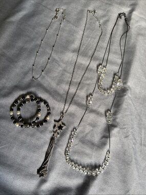 3 Necklaces and 2 Bracelets: Silver and Clear Beaded Women's Necklace